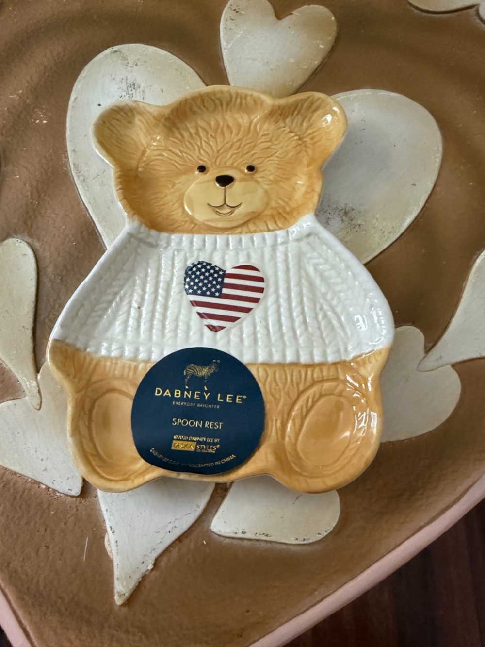 Dabney Lee Ceramic 4th of July Teddy Bear in Patriotic Heart Sweater Spoon Rest